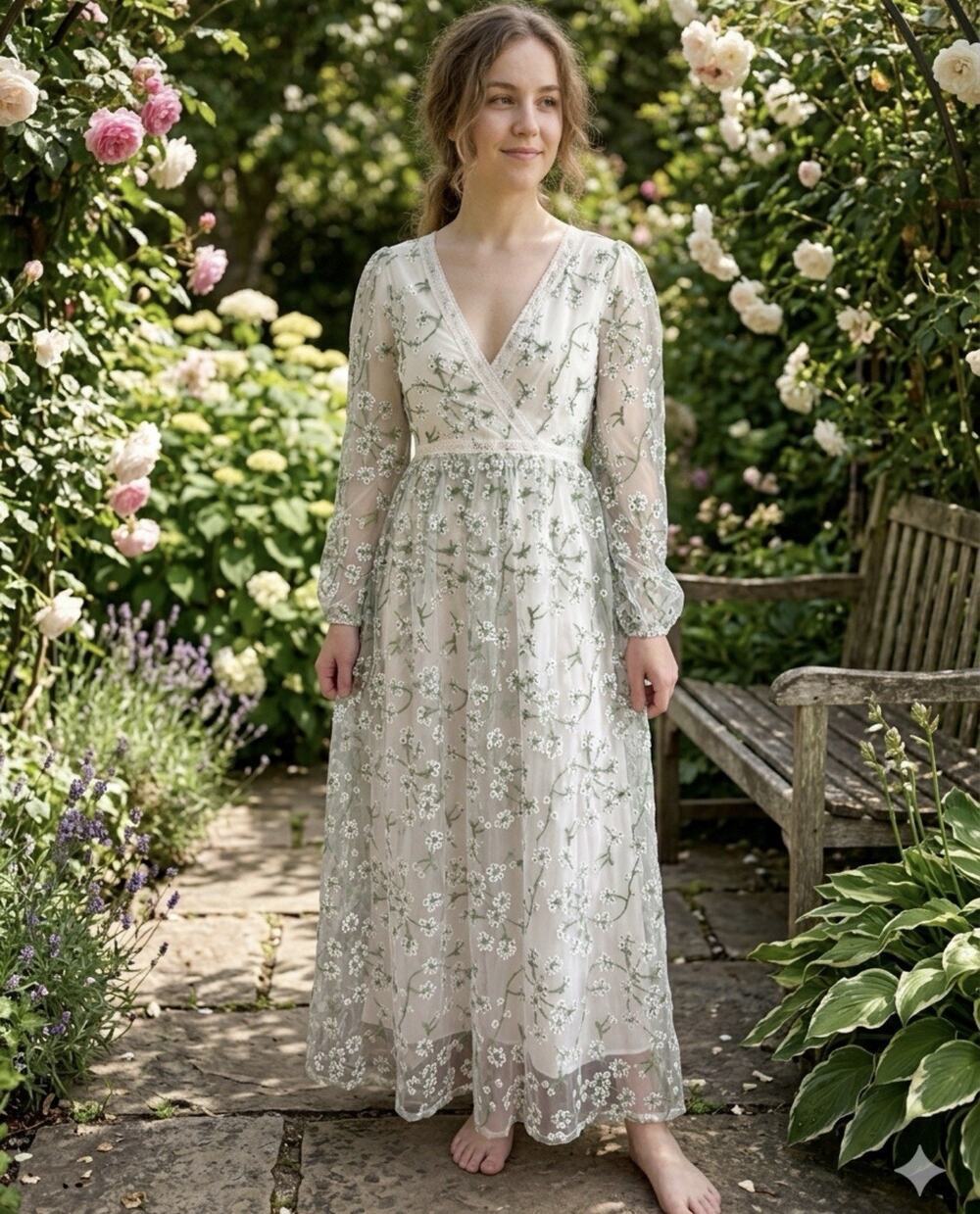 Ever After Floral Embroidered Maxi Dress Cottagecore Wedding Guest Long Sleeve S